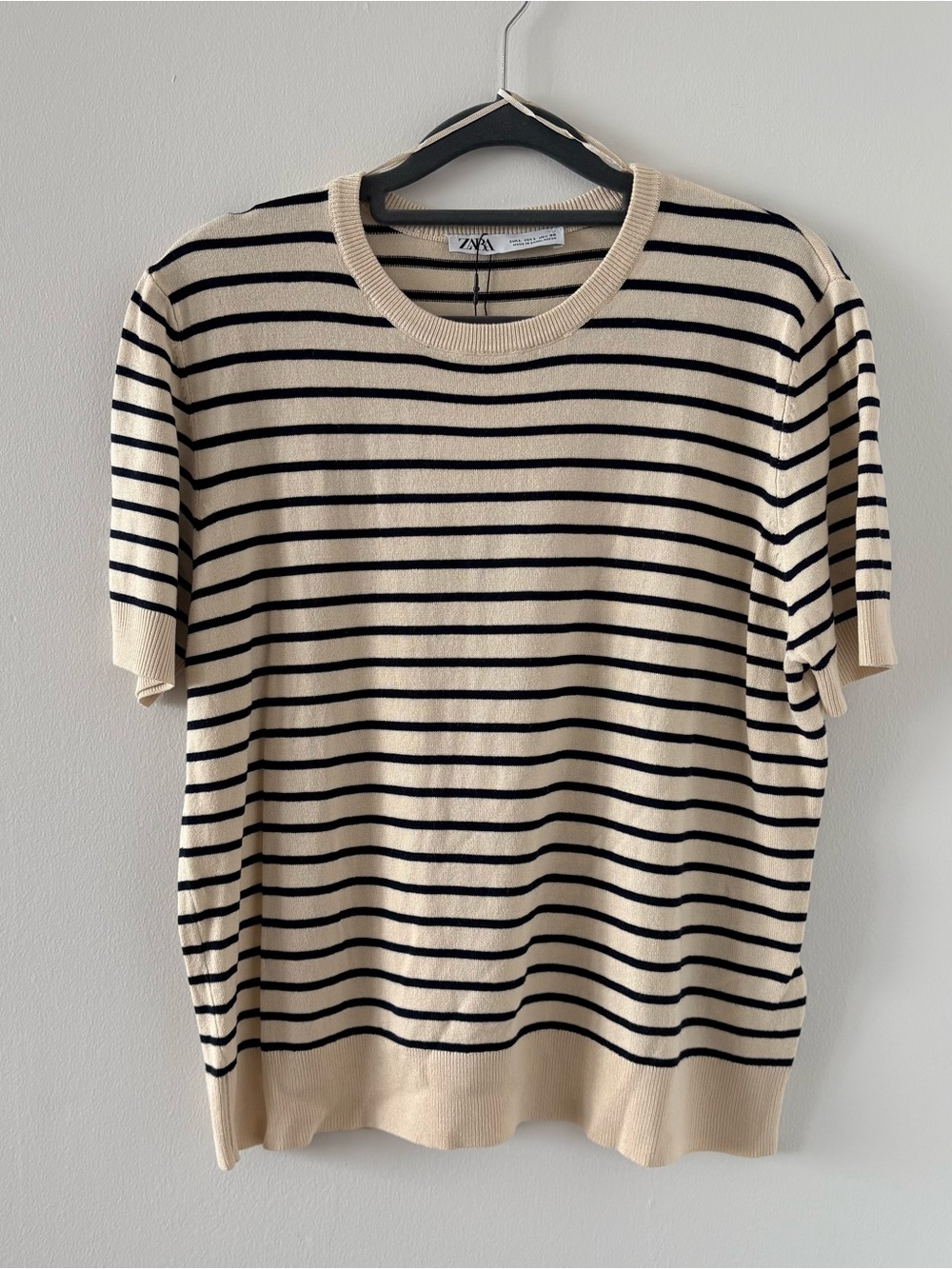 Zara Short Sleeve Striped Knit Top Cream & Black Size L NWT